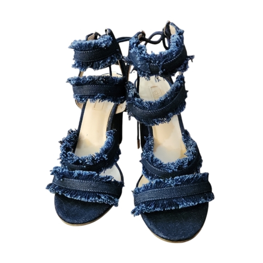 GUESS Raw Edge Denim Lace Back High Heel Sandals Size 6.5